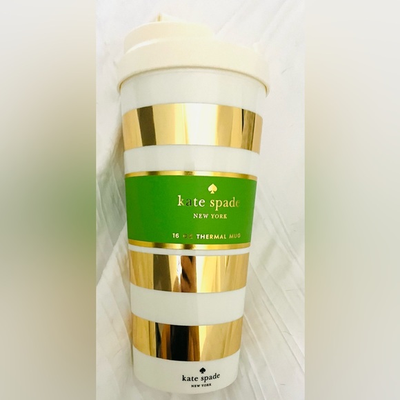KATE SPADE Gold Stripped Thermal 16 OZ Coffee Mug With Top NEW - Picture 2 of 3